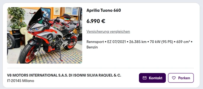 Angebot mit höchster km Zahl bei Tuono 660 auf mobile.de.webp